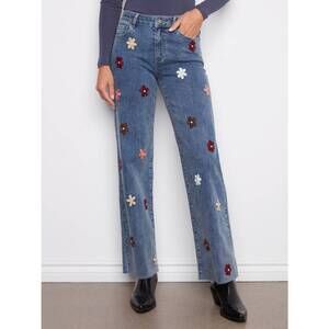 NEW CHARLIE B flower patch stretch wide leg pants in medium blue